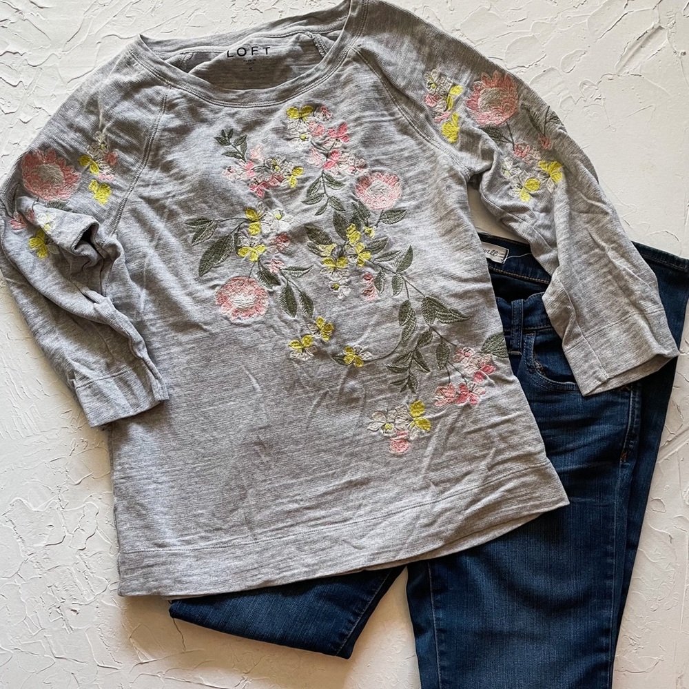 Grey and pink embroidered floral shirt